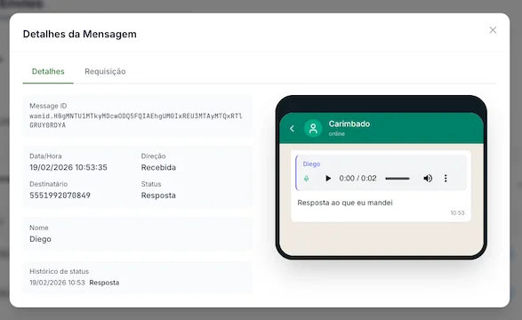 Log de mensagens WhatsApp enviadas e recebidas no painel do IAGENTEsmtp