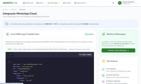 Painel do IAGENTEsmtp: guia de integração com a API do WhatsApp Business Cloud